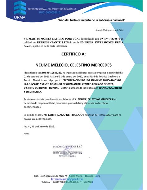 Certific Ado Neume Electricista Urb Los Cipreses Lt Mzn W Santa