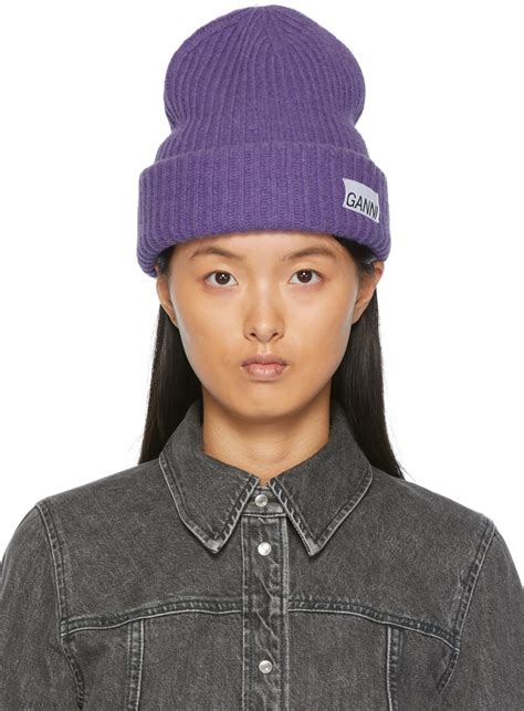 Purple Recycled Rib Knit Beanie By Ganni On Sale