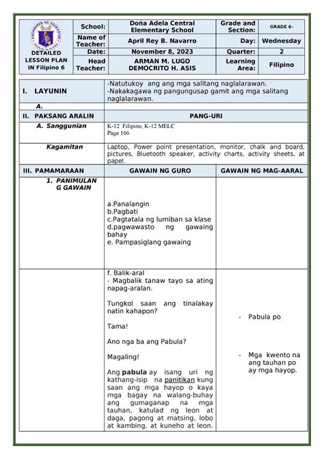 Q2 Filipino 6 Dlp Lesson Plan Making Detailed Lesson Plan In Filipino 6 School Dońa Adela