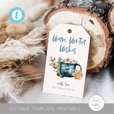 Editable Winter Gift Tag Warm Wishes Hot Cocoa Christmas Template