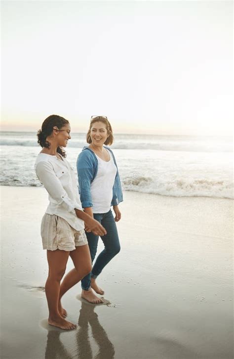 Holding Hands Couple And Women In Beach Lesbian And Water On Sand Vacation And Walking With