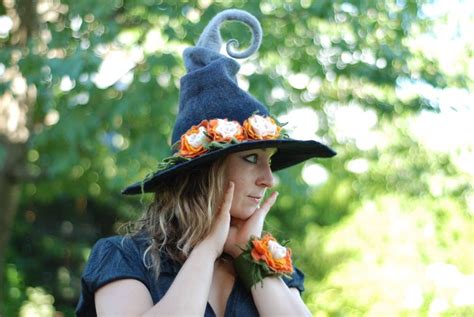 Witch wizard hat with flowers felted from wool black grey | Etsy