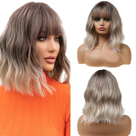 Amazon HeumHrn 14 Inch Ash Blonde Bob Wig With Bangs Ombre Curly Wavy Wigs For Women Short