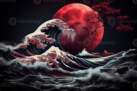 generativo ai ilustración de un mar oscuro noche paisaje rojo luz de