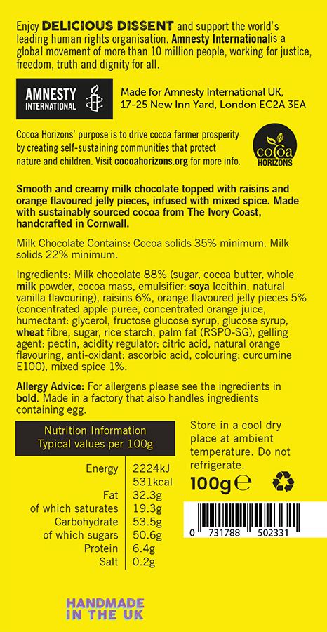 Amnesty Delicious Dissent Hot Cross Bun Milk Chocolate Bar 100g Amnesty International