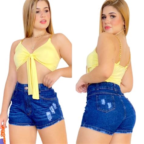 Shorts Bermuda Jeans Feminino Cintura Alta Hot Pants Cos Alto Barra Dobrada Escuro Tendencia