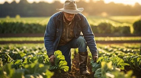 Un agricultor que trabaja en la inspección de campo cuidando de filas