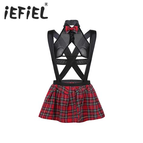 Iefiel Women Schoolgirl Cosplay Costume Lingerie Outfit Set Sheer Mesh Top Shirt With Suspender