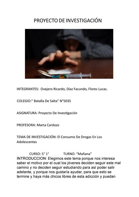 Proyecto De Investigacion La Drogadiccion En Los Jovenes Proyecto De