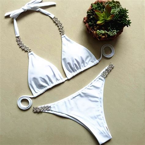 Diamond Bikini White Rhinestone Bikini Braizilian Strappy Swimsuit