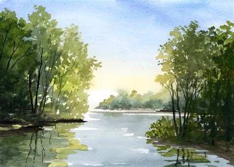 River Landscape Watercolor Painting Nature Print Summer Landscape ...