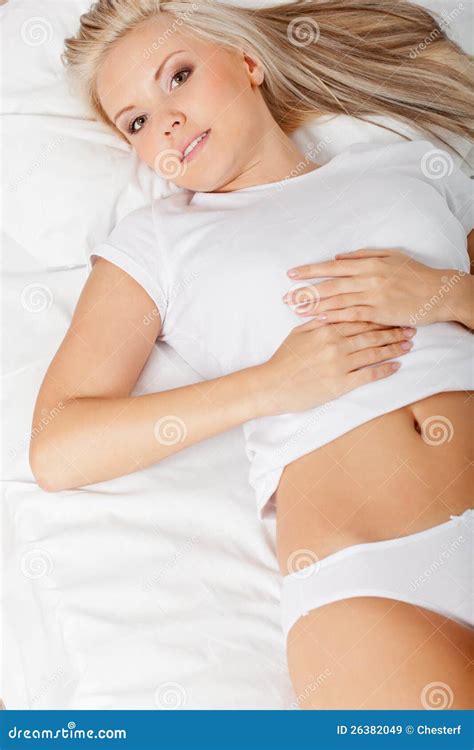 Blonde Woman Laying On Bed Stock Image Image Of Attractive 26382049