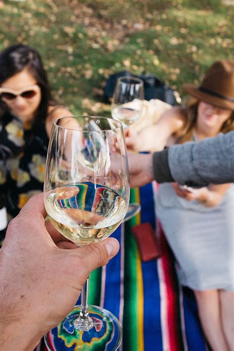 Group Of Friends Cheers And Clank Wine Glasses At Vineyard By Stocksy