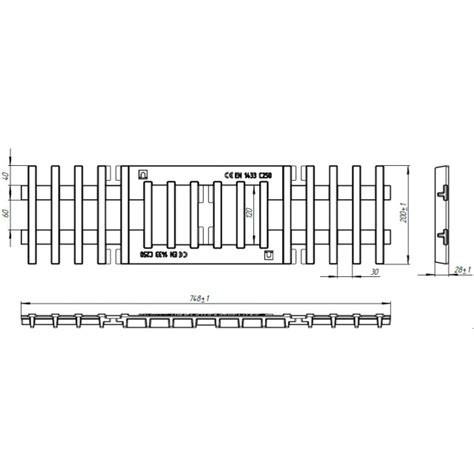 Чертеж: Решетка чугунная для монолитного бетона РВ-75.20-щель-ВЧ-кл.C