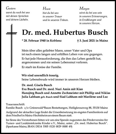 Traueranzeigen Von Hubertus Busch Vrm Trauer De