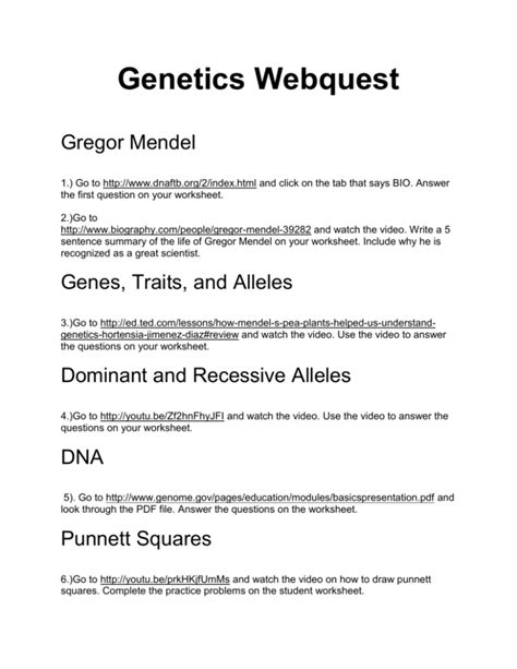 Genetics Webquest Gregor Mendel Go To Dnaftb Org