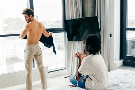 Backside Of African Male Muscular Athlet With Naked Torso Using Vr Headset Stock Photo Image