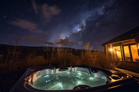 Bubbling Hot Tub Surrounded By Candles With View Of The Starry Night Sky Stock Illustration