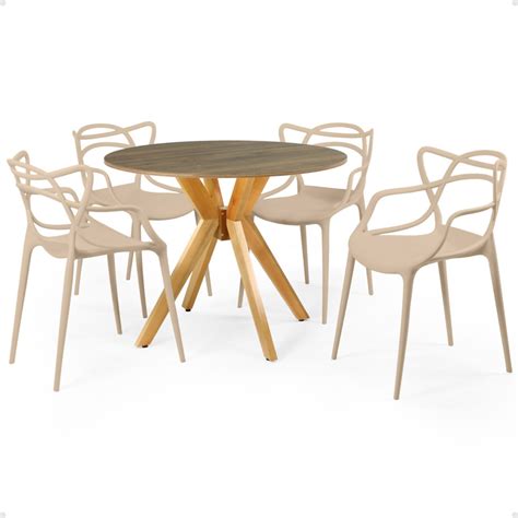 Conjunto Mesa De Jantar Redonda Marci Natural Cm Cadeiras Allegra Nude