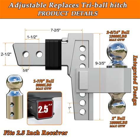 VNN Adjustable Drop Hitch Tri Ball 1 7 8 2 2 5 16 Trailer