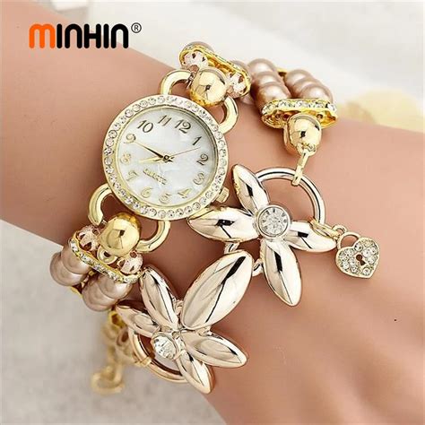Minhin Gold Watch Bracelets For Women Multilayers Pearl Beaded Charm