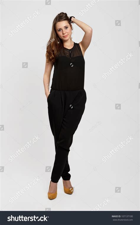 Attractive Brunette Girl Dressed Black Posing Stock Photo