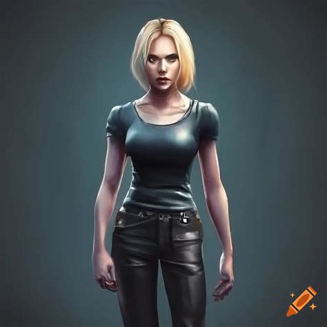 Photorealistic Artwork Female Blonde Bobcut Hair Confident Athletic Build Hands In Pockets