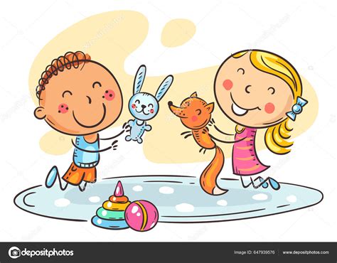 Doodle Crianças Desenhos Animados Felizes Brincando Com Brinquedos ...