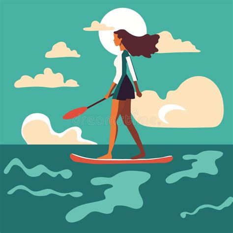 Young Woman Standing On Sup Board Isolated Flat Vector Stock Vector