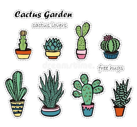 Conjunto De Cactus Dibujados A Mano Y Pegatinas De Plantas Suculentas