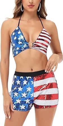 Amazon Anna Kaci Women S Piece July Th Bikini Set Usa Flag Sparkly Sequin Halter Top