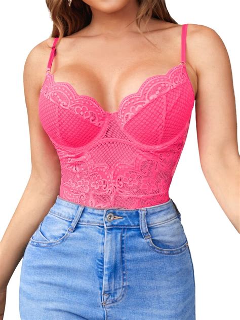 Popiv Womens Lace Bodysuit Sexy Teddy Lingerie One Piece Deep V Neck Babydoll Sleepwear