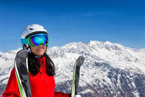 Beautiful Brunette Woman With Ski Stock Photo Image Of December Respite 108161738