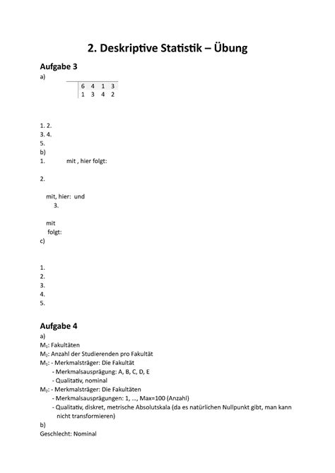 2 Übungsblatt Lösungen 2 Deskriptive Statistik Übung Aufgabe 3 a