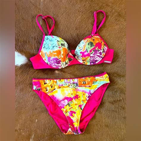 Lise Charmel Swim Lise Charmel B Magenta Pink Yellow Floral Bikini Top Panty Bottom M