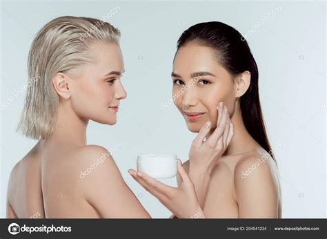 Multiethnic Nude Girls Applying Face Cream Isolated Grey Skin Care Stock Photo IgorVetushko