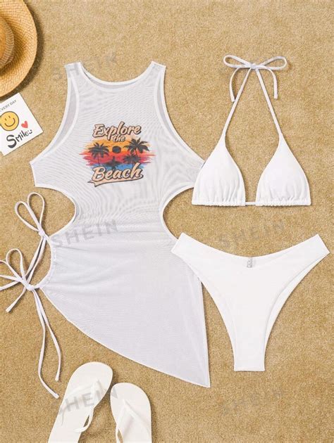 SHEIN Swim Women Halter Triangle Cup Bikini Set With Cover Up For Summer Beach Vacation SHEIN USA