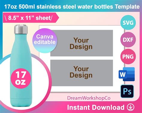 17oz 500ml Water Bottle Template Sublimation Ms Word Psd Png Canva Svg Dxf 85x11 Sheet