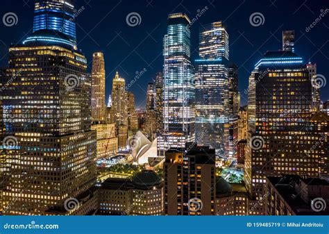 Aerial Drone View of New York Skyscrapers at Night Stock Image - Image ...