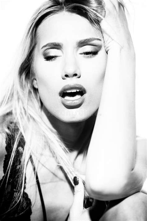 Emotions And Feelings Concept Beautiful Blond Lady Portrait In Lingerie While Getting An