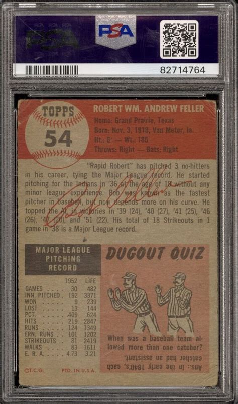 1953 Topps 54 Bob Feller PSA FAIR 1 5 Cleveland INDIANS CENTERED