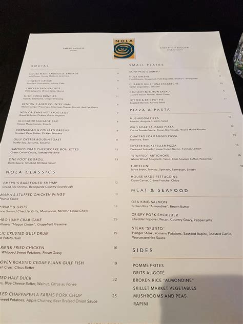 Menu At Nola Restaurant New Orleans