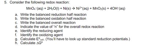 Solved 5. Consider the following redox reaction: | Chegg.com