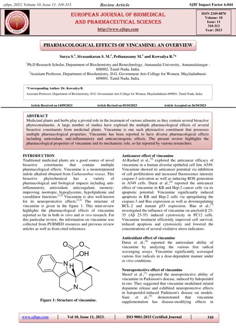 PDF PHARMACOLOGICAL EFFECTS OF VINCAMINE AN OVERVIEW