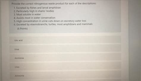 Solved Provide the correct nitrogenous waste product for | Chegg.com