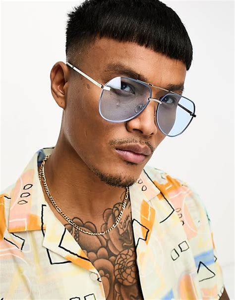 Asos Design Metal Aviator Sunglasses With Laid On Blue Lens In Silver Asos