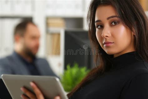 Lovely Brunette Woman Sit With Digital Tablet Device Stock Photo Image Of Business Life