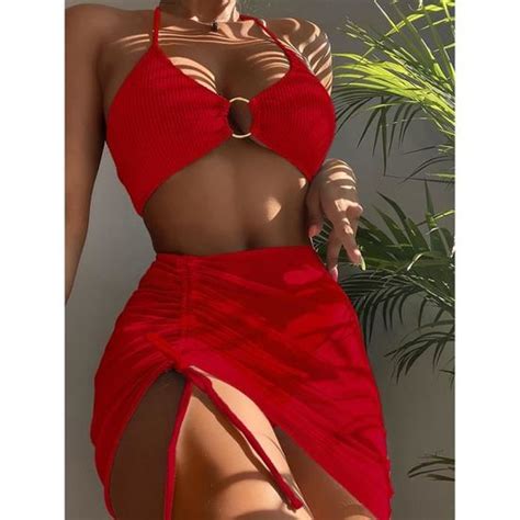 Bikini swimsuit Ensemble de maillot de bain 3 pièces FRZFGE Rouge