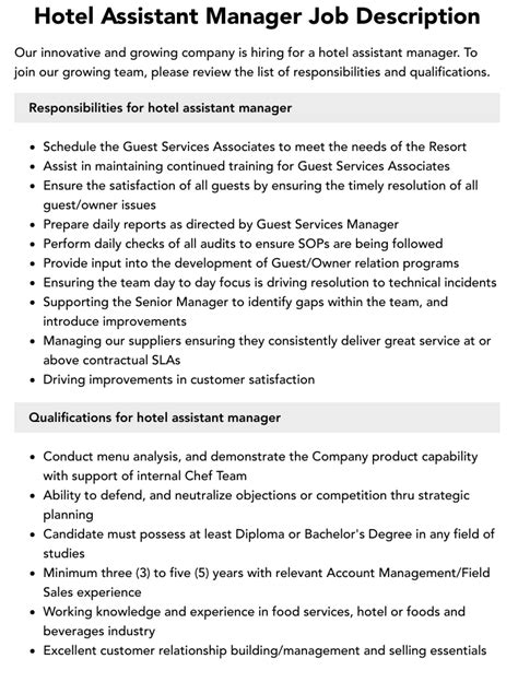 Hotel Assistant Manager Job Description Velvet Jobs