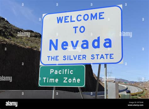 Nevada State Line Hoover Dam Border Arizona Welcome Sign Stock Photo